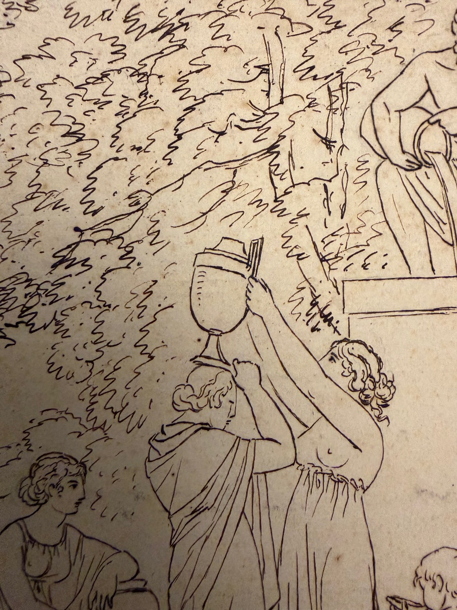 Dessin néo- classique, allégorie de la Fontaine, faune, jeunes filles, enfant.-photo-4