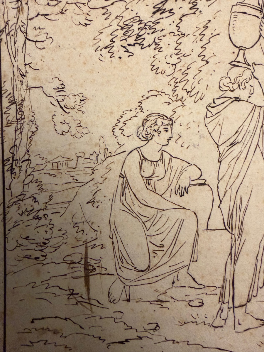 Dessin néo- classique, allégorie de la Fontaine, faune, jeunes filles, enfant.-photo-5
