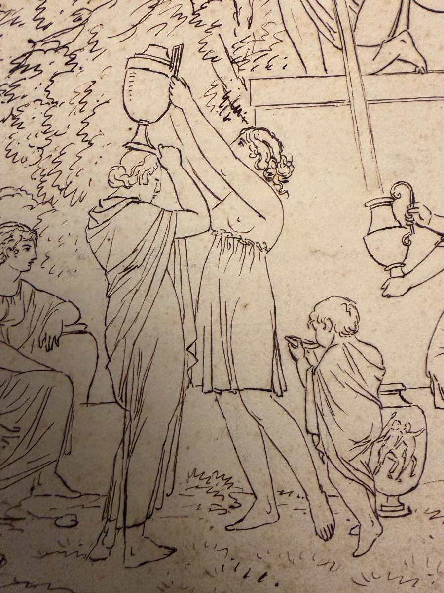 Dessin néo- classique, allégorie de la Fontaine, faune, jeunes filles, enfant.-photo-6