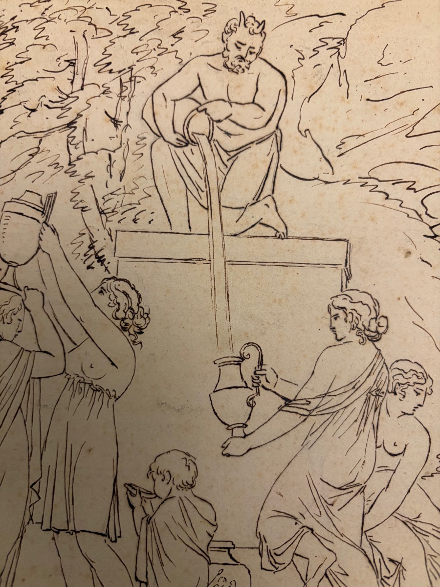 Dessin néo- classique, allégorie de la Fontaine, faune, jeunes filles, enfant.-photo-7