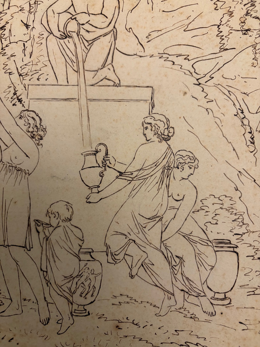 Dessin néo- classique, allégorie de la Fontaine, faune, jeunes filles, enfant.-photo-8