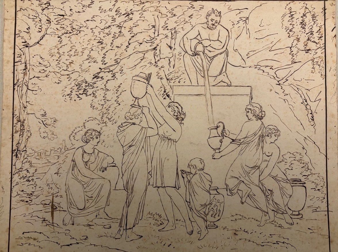 Dessin néo- classique, allégorie de la Fontaine, faune, jeunes filles, enfant.