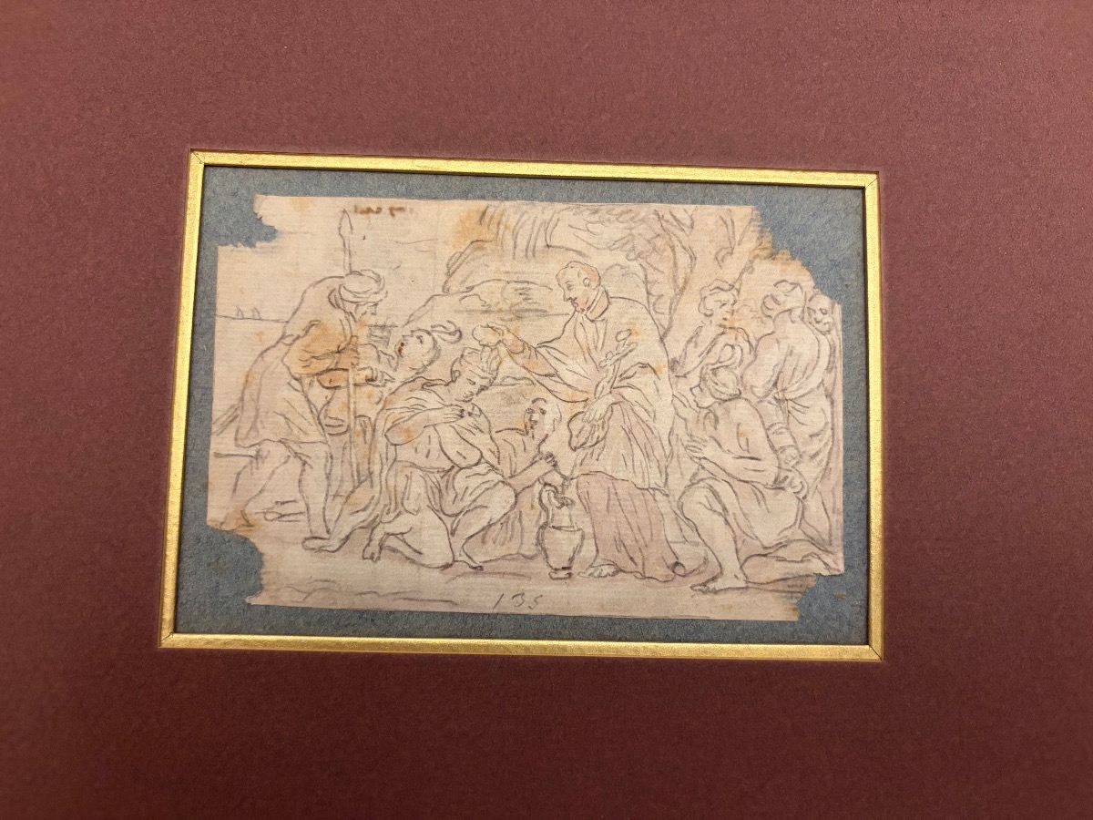 Petit dessin XVIII éme , baptême. Papier vergé, angles abîmés. France.