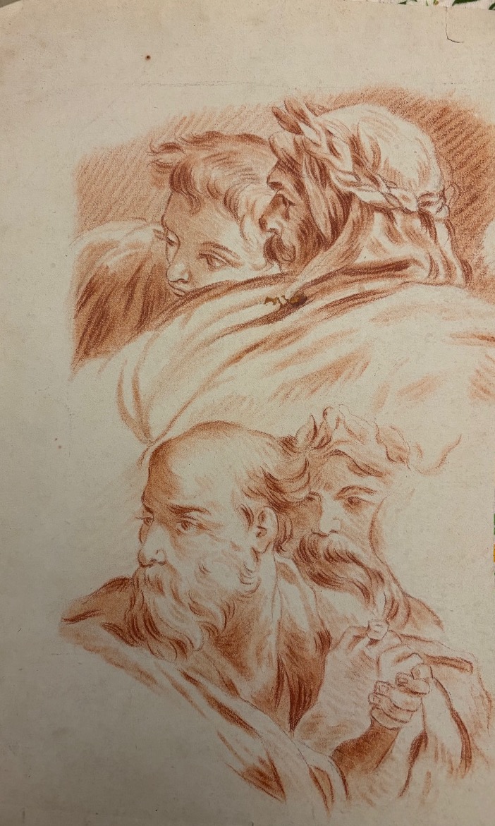 Study Sheet Of Male Heads In Red Chalk, Late 18th Or Early 19th Century. France.