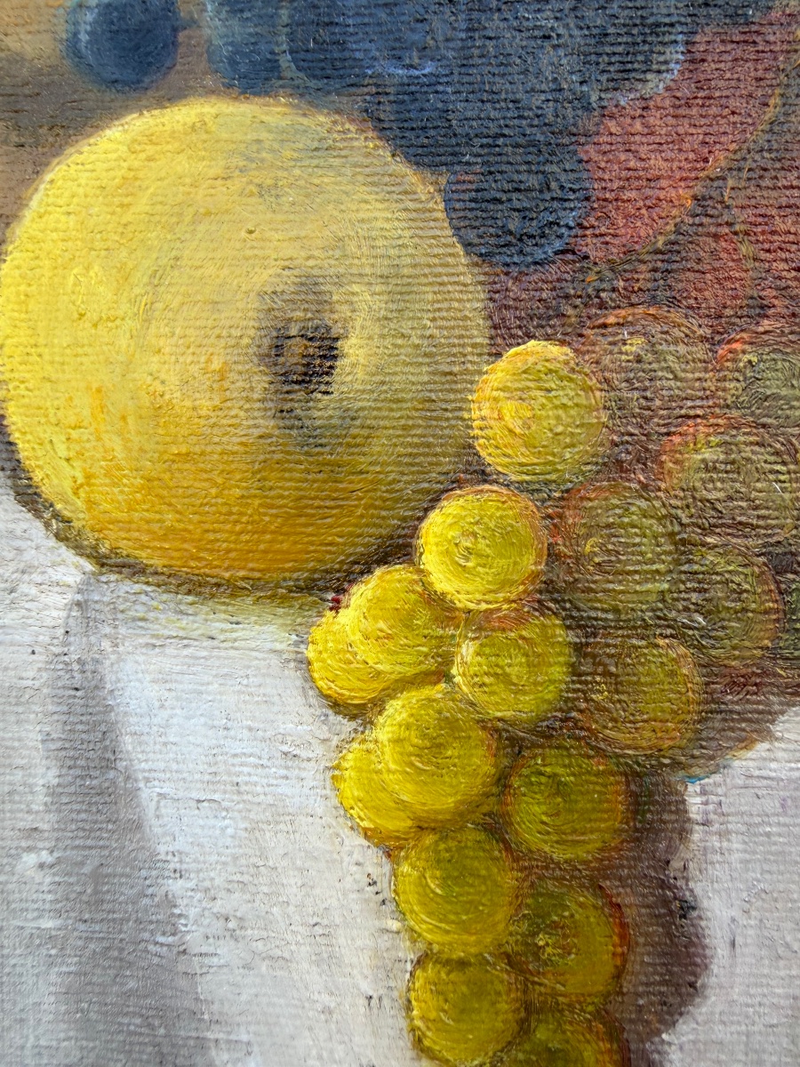 Still Life With Apples, Grapes, And A Lemon On A White Tablecloth. 20th Century, Italy.-photo-2