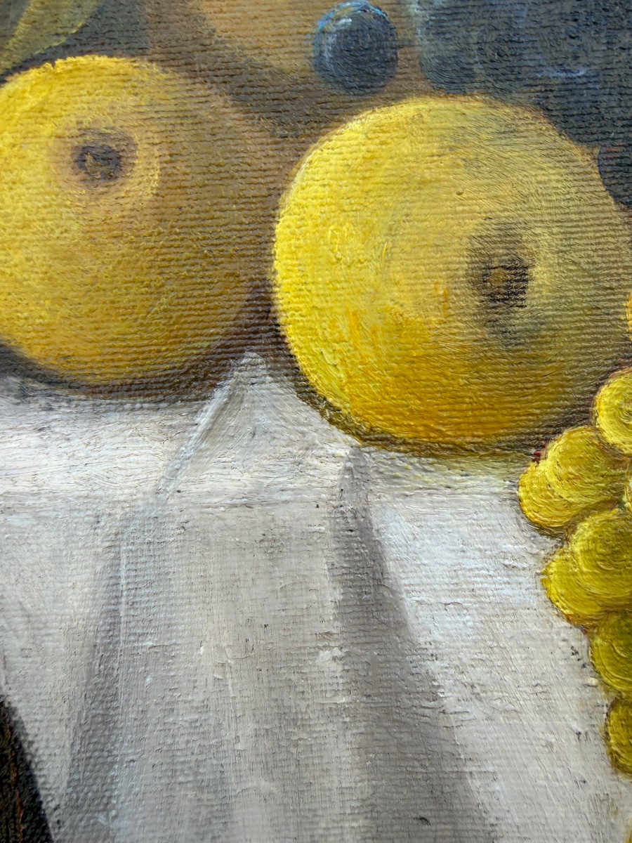 Still Life With Apples, Grapes, And A Lemon On A White Tablecloth. 20th Century, Italy.-photo-3