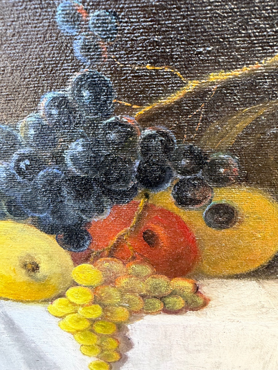 Still Life With Apples, Grapes, And A Lemon On A White Tablecloth. 20th Century, Italy.-photo-4