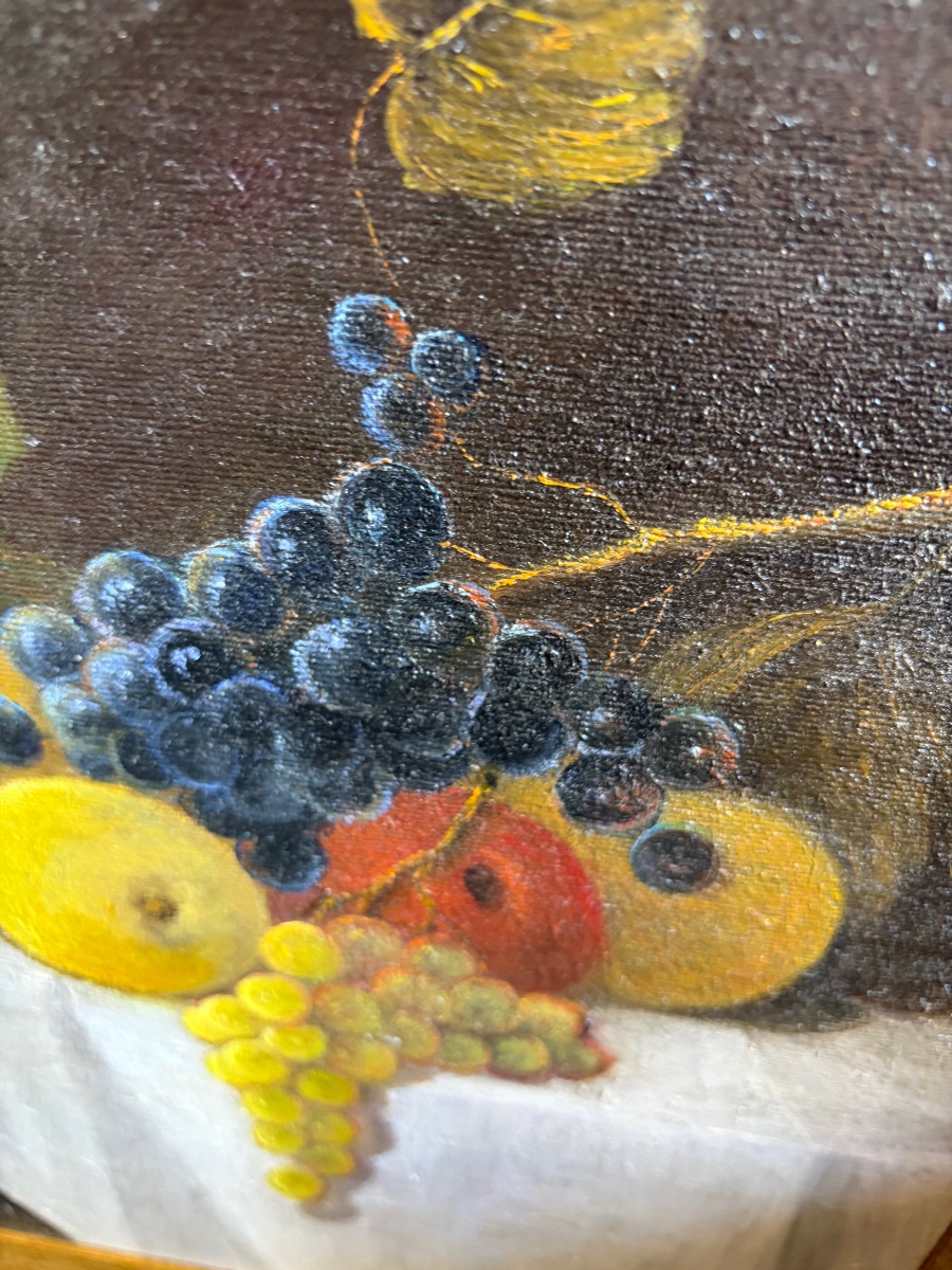 Still Life With Apples, Grapes, And A Lemon On A White Tablecloth. 20th Century, Italy.-photo-1