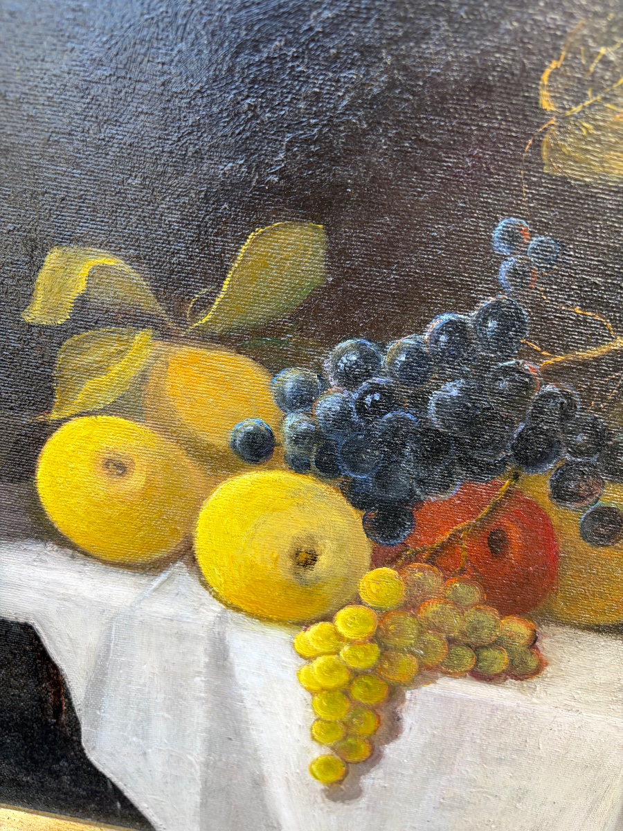 Still Life With Apples, Grapes, And A Lemon On A White Tablecloth. 20th Century, Italy.-photo-4