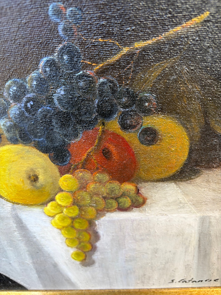 Still Life With Apples, Grapes, And A Lemon On A White Tablecloth. 20th Century, Italy.-photo-5