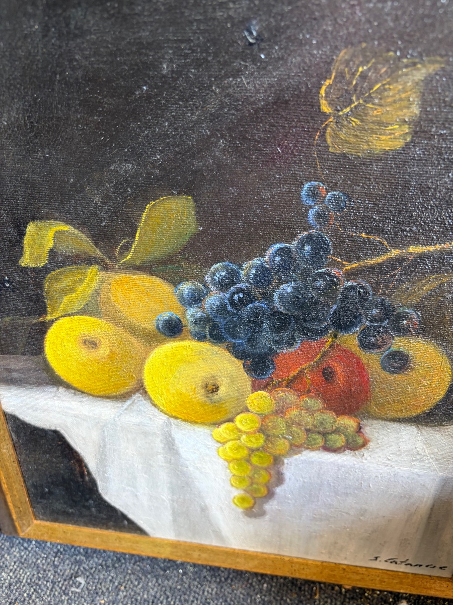 Still Life With Apples, Grapes, And A Lemon On A White Tablecloth. 20th Century, Italy.-photo-6