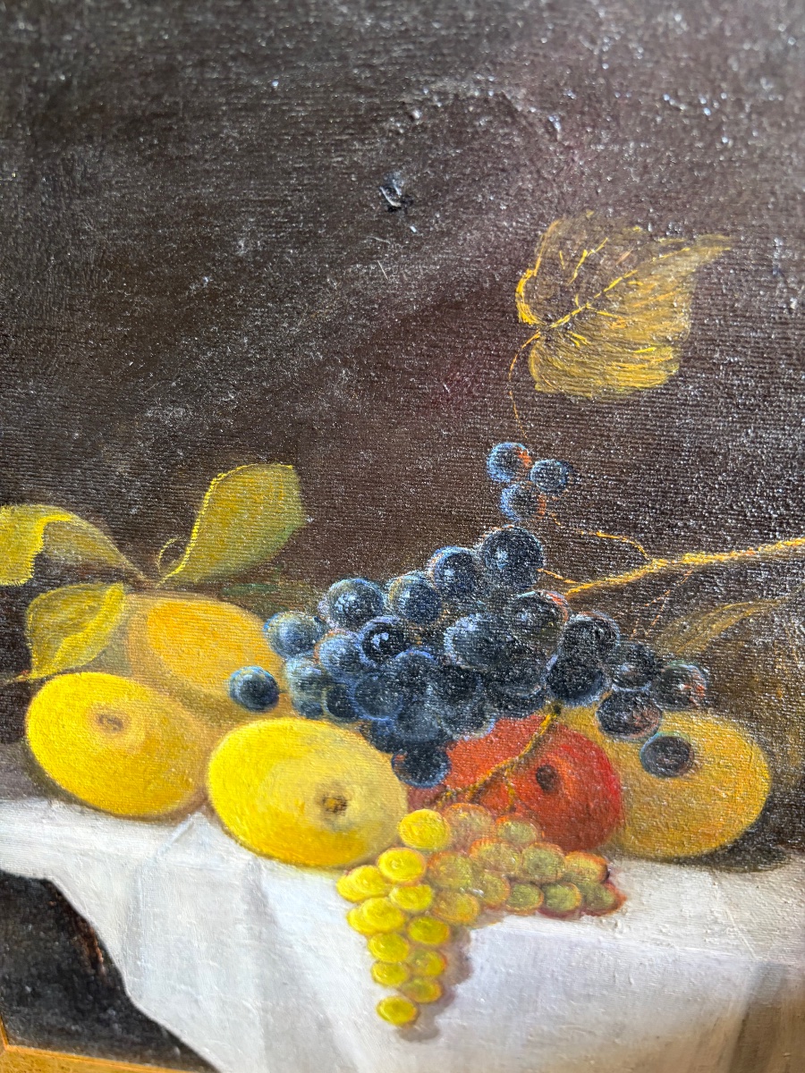 Still Life With Apples, Grapes, And A Lemon On A White Tablecloth. 20th Century, Italy.-photo-7