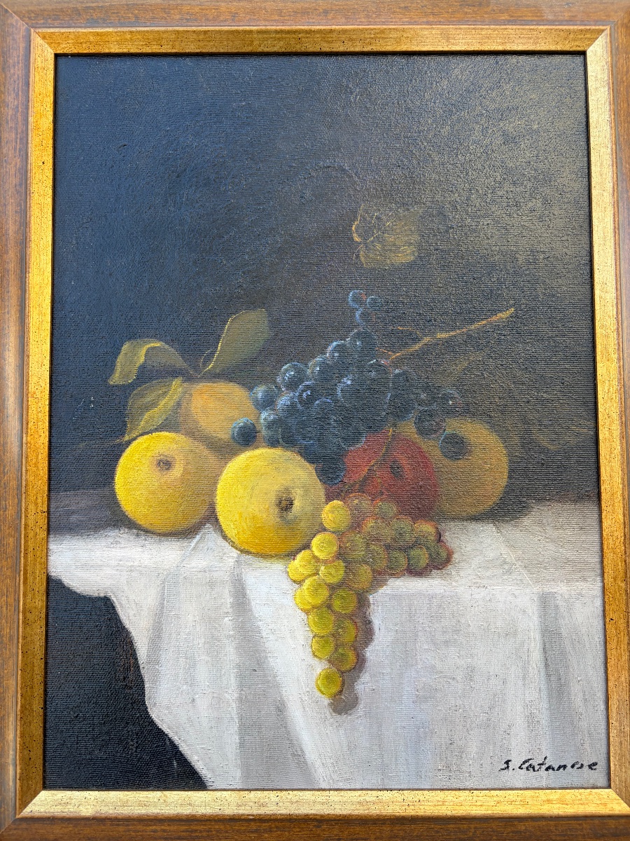 Still Life With Apples, Grapes, And A Lemon On A White Tablecloth. 20th Century, Italy.