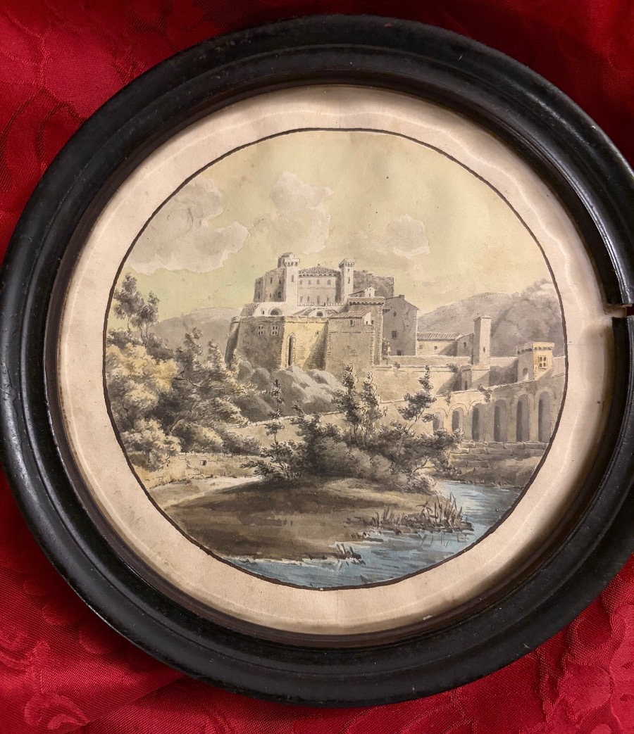 Grande miniature à la gouache sur papier, une maison forte, Italie. Fin XVIII eme/debut XIX éme