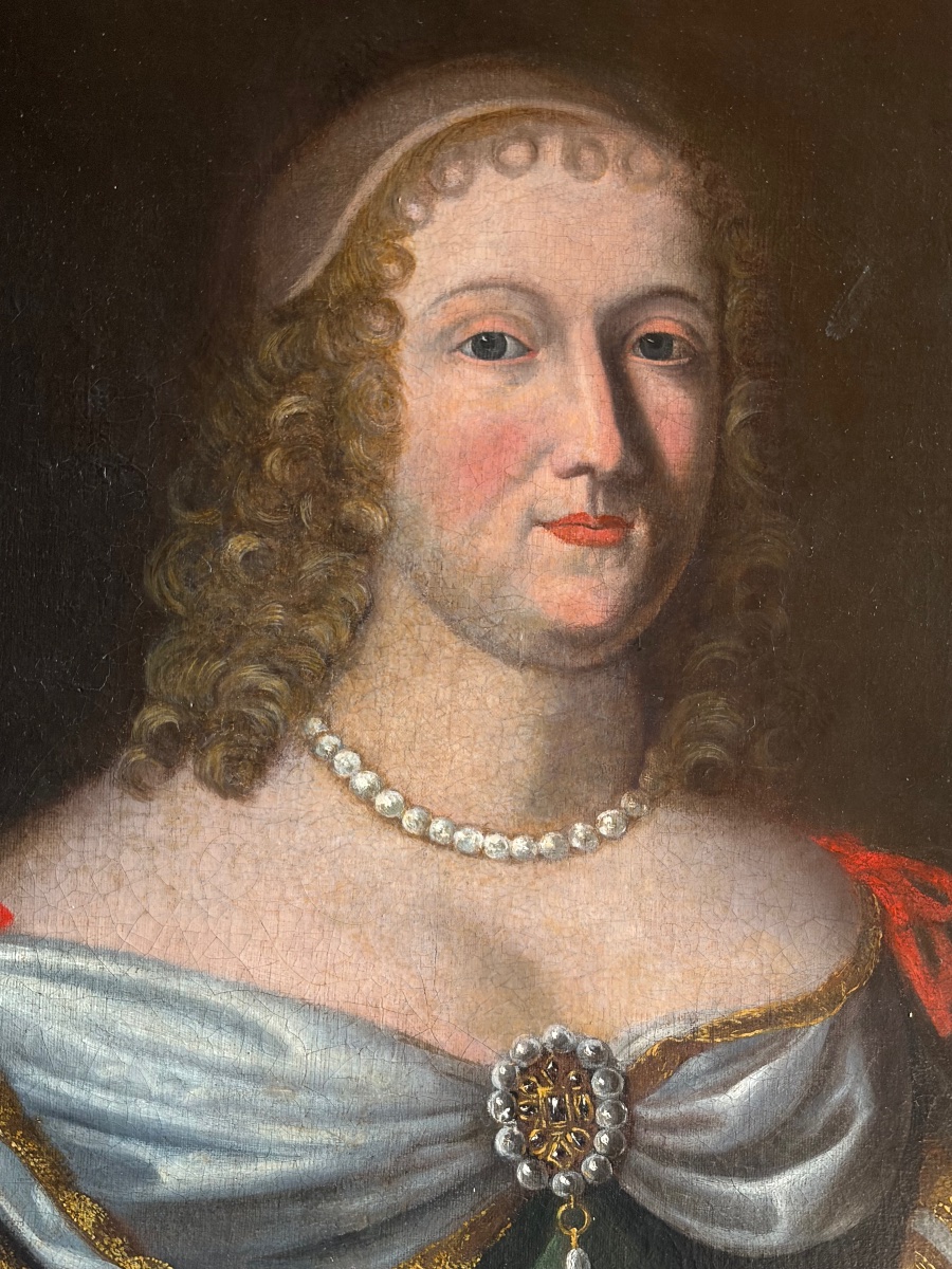 Grande huile sur toile, XVII éme siècle, portrait d’une dame de qualité. France.-photo-3