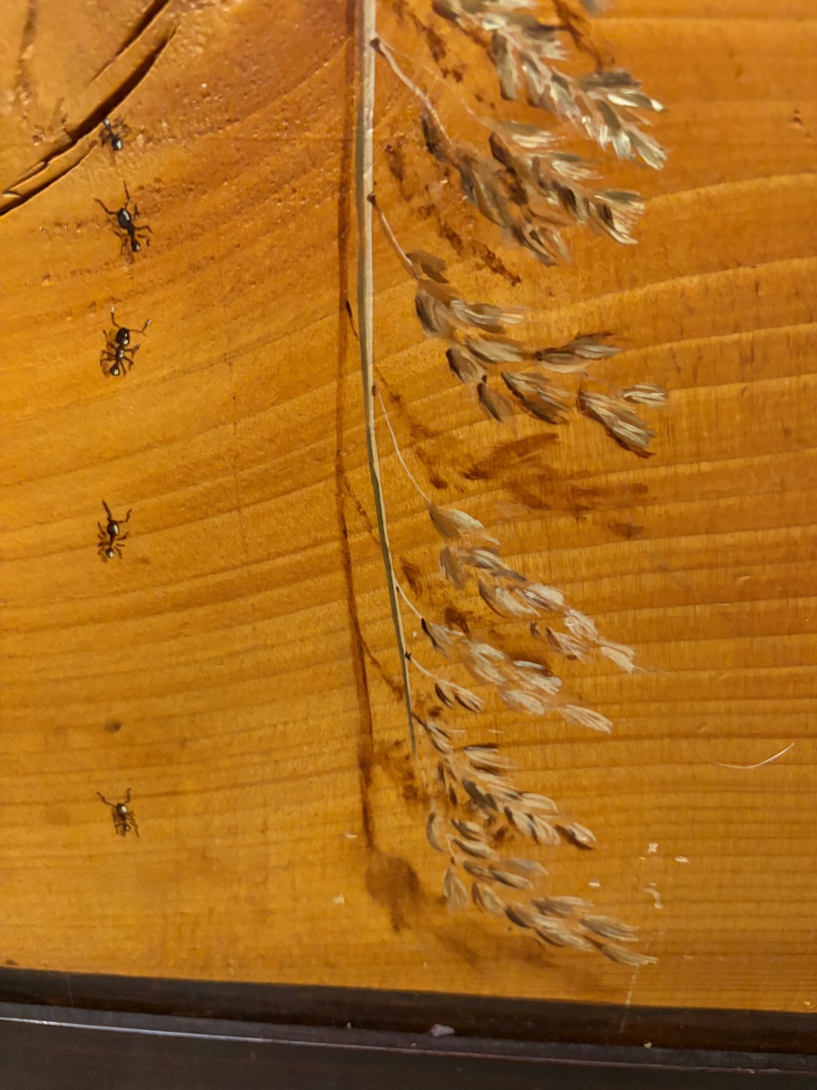 Trompe-l-oeil au brin d’avoine, fourmis, clé, bouton, sur bois, XXeme siècle.-photo-4