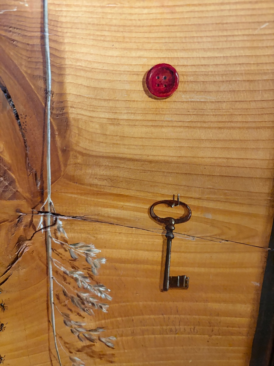 Trompe-l-oeil au brin d’avoine, fourmis, clé, bouton, sur bois, XXeme siècle.-photo-2