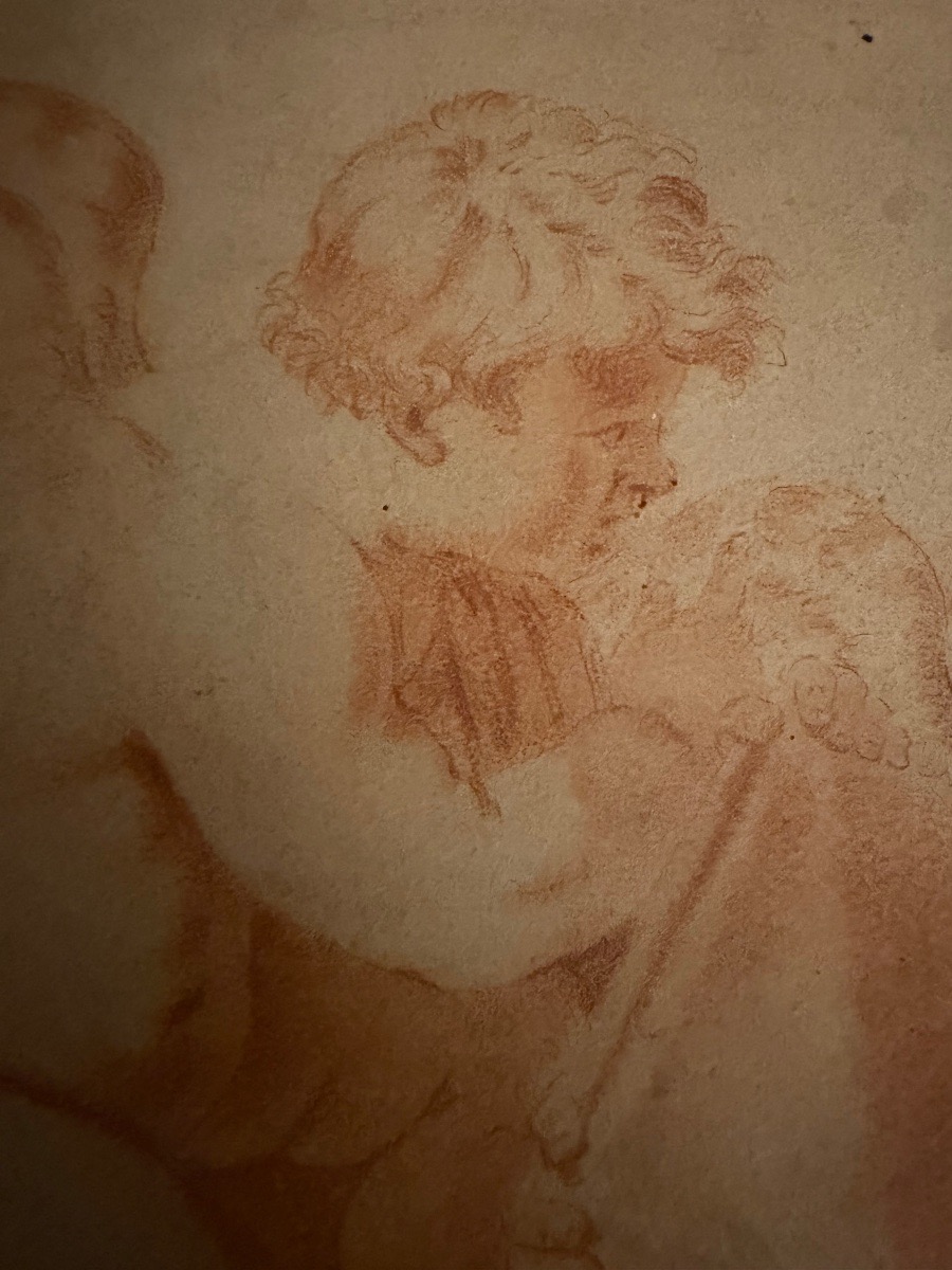 Red Chalk Drawing, 19th Century, Depicting Two Cherubs Playing With A Bishop’s Miter. France.-photo-2