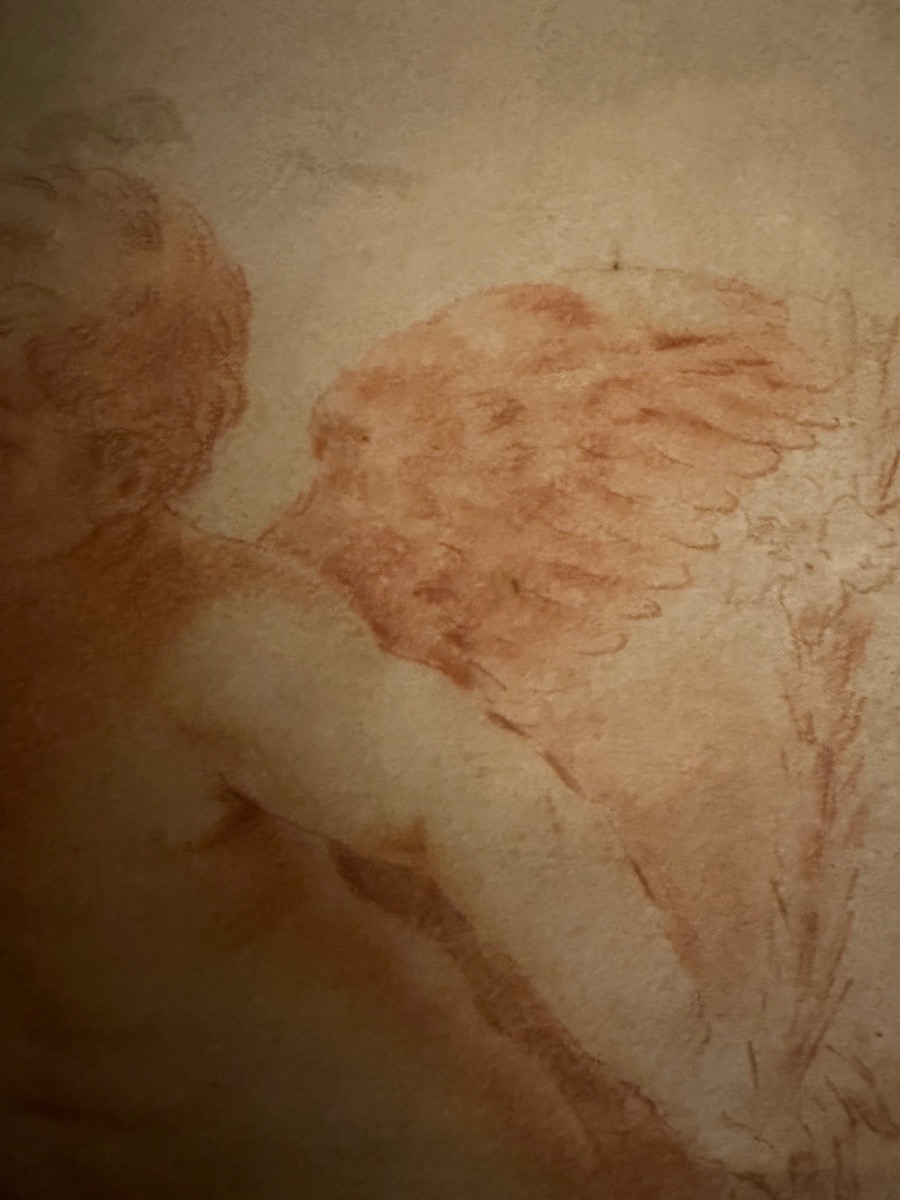 Red Chalk Drawing, 19th Century, Depicting Two Cherubs Playing With A Bishop’s Miter. France.-photo-3