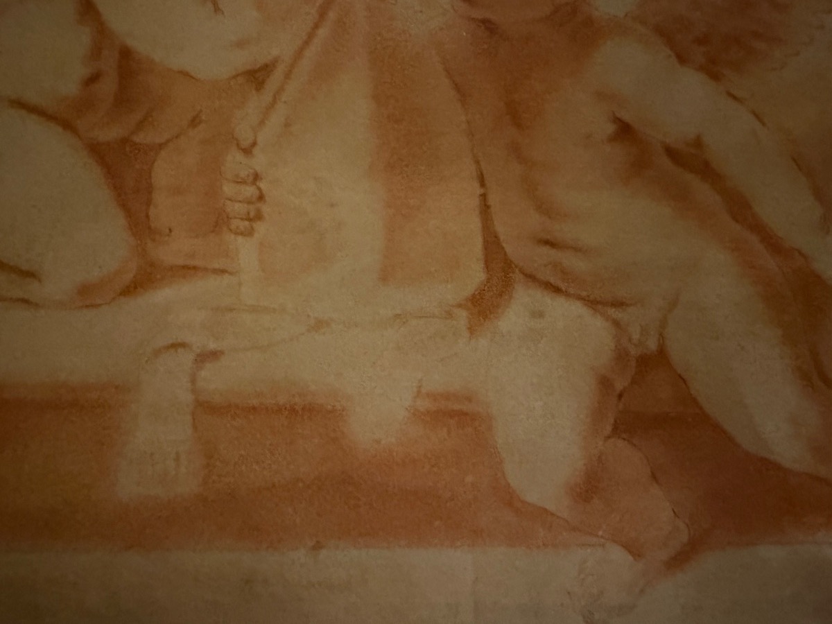 Red Chalk Drawing, 19th Century, Depicting Two Cherubs Playing With A Bishop’s Miter. France.-photo-4