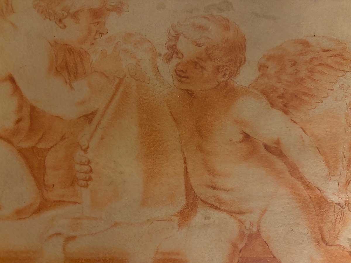 Red Chalk Drawing, 19th Century, Depicting Two Cherubs Playing With A Bishop’s Miter. France.-photo-1