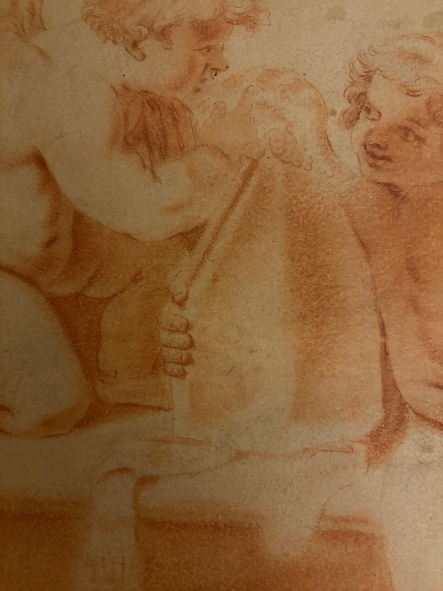 Red Chalk Drawing, 19th Century, Depicting Two Cherubs Playing With A Bishop’s Miter. France.-photo-2