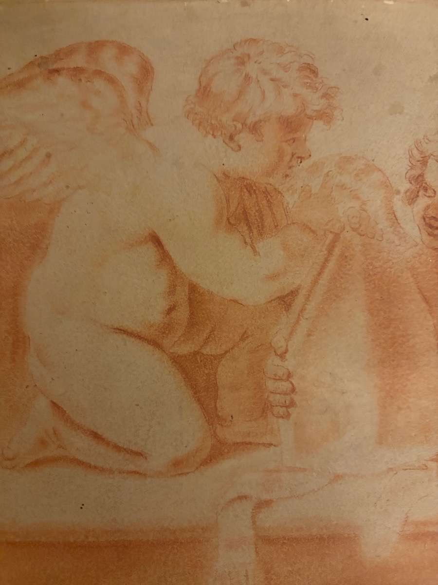 Red Chalk Drawing, 19th Century, Depicting Two Cherubs Playing With A Bishop’s Miter. France.-photo-3