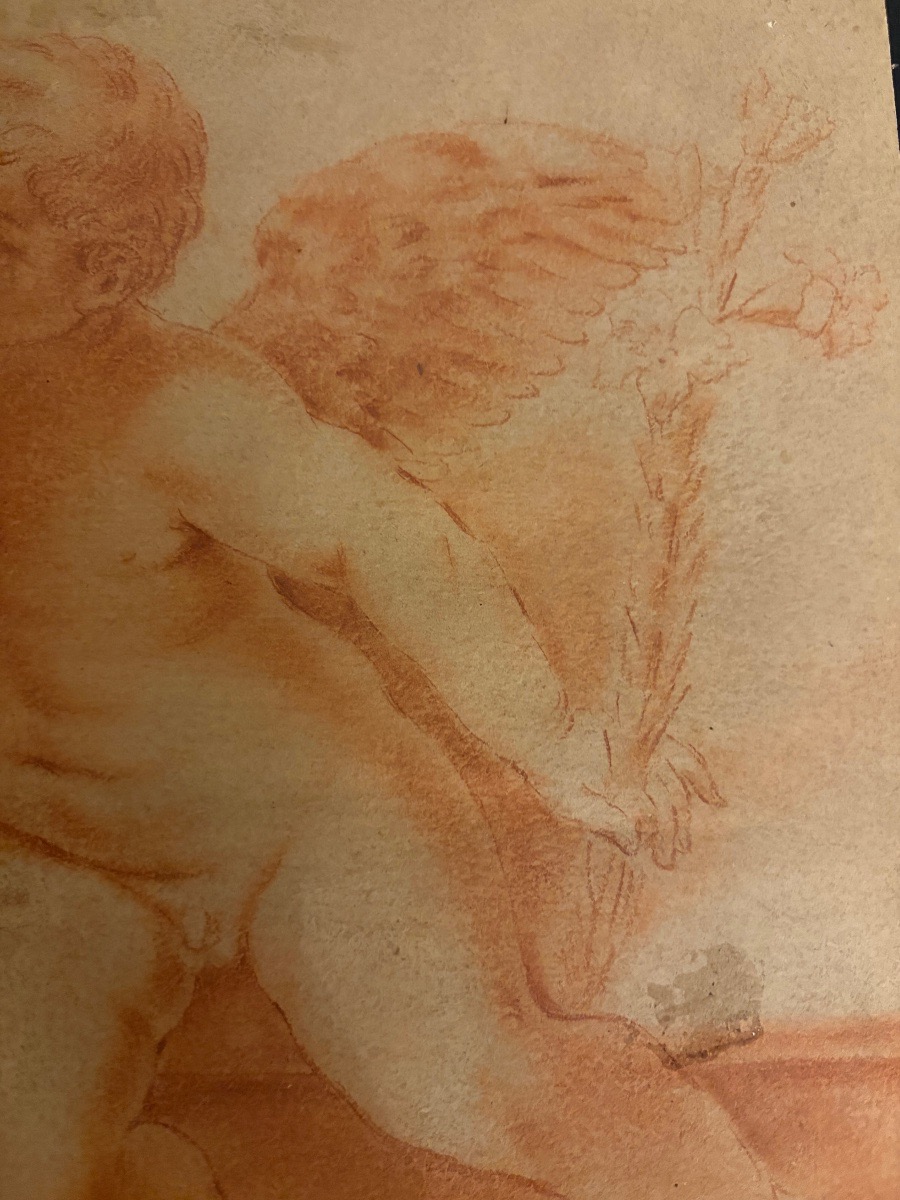 Red Chalk Drawing, 19th Century, Depicting Two Cherubs Playing With A Bishop’s Miter. France.-photo-4