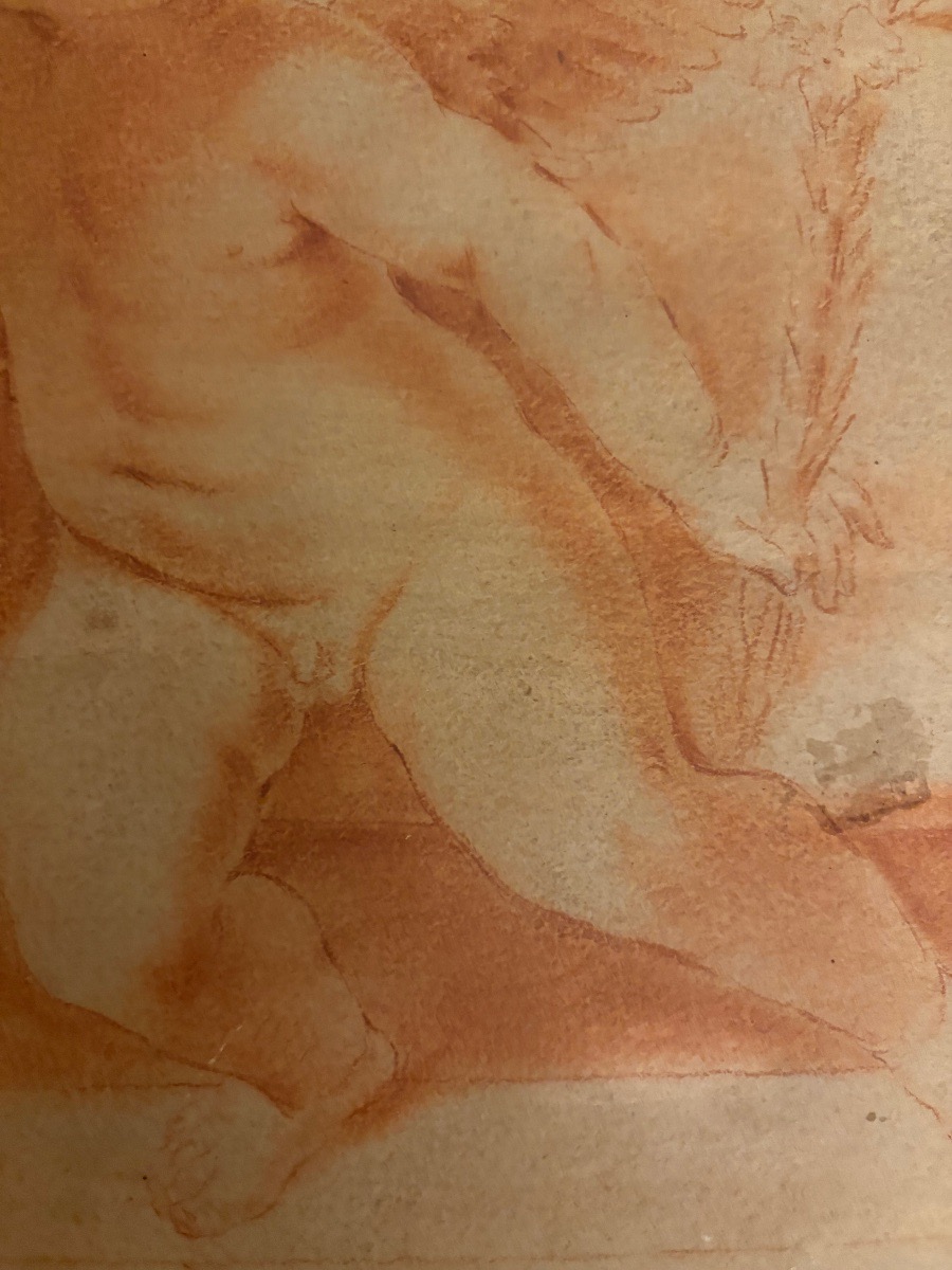 Red Chalk Drawing, 19th Century, Depicting Two Cherubs Playing With A Bishop’s Miter. France.-photo-5