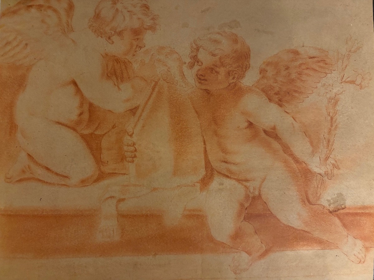 Red Chalk Drawing, 19th Century, Depicting Two Cherubs Playing With A Bishop’s Miter. France.