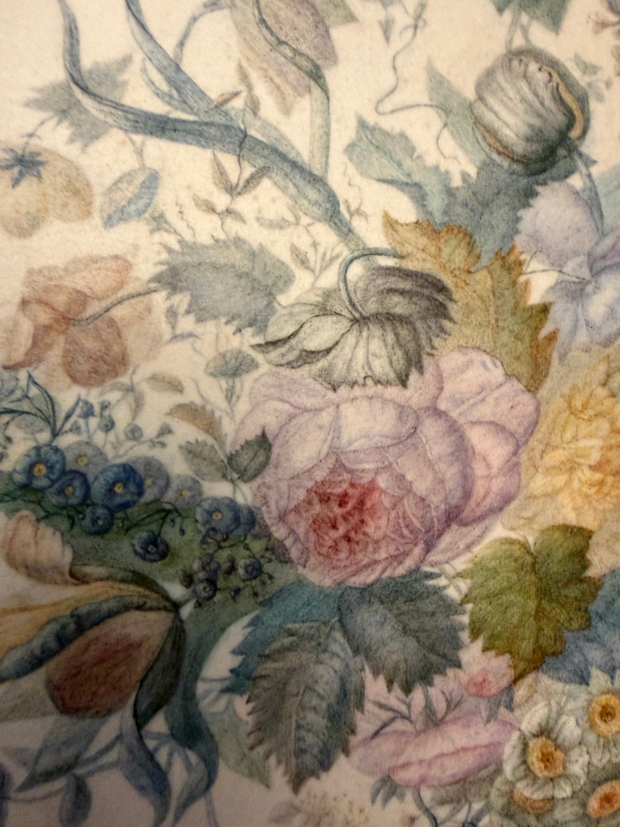 Gouache On Vellum, Floral Arrangement, Circa 1850, France.-photo-2