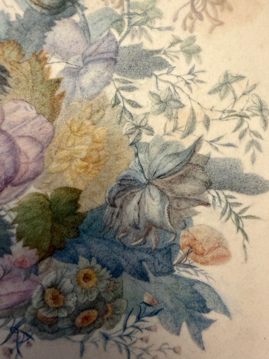 Gouache On Vellum, Floral Arrangement, Circa 1850, France.-photo-4