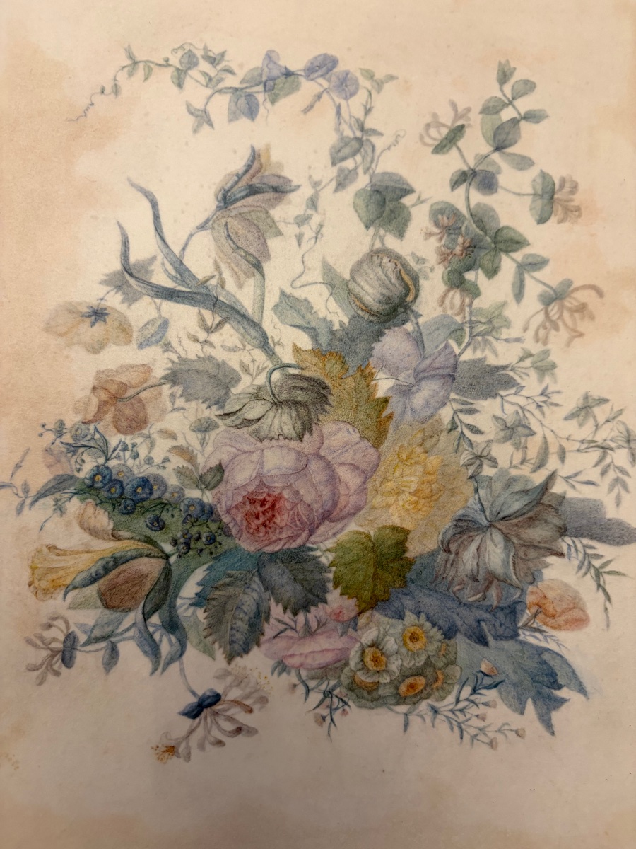 Gouache On Vellum, Floral Arrangement, Circa 1850, France.-photo-8