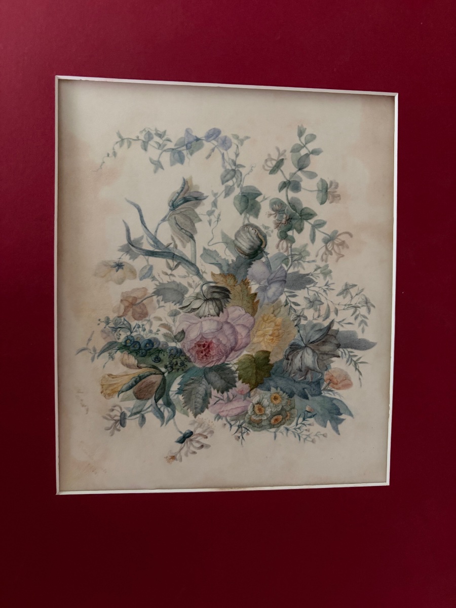 Gouache On Vellum, Floral Arrangement, Circa 1850, France.