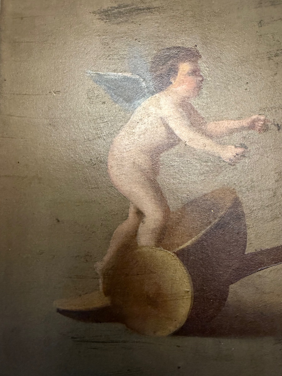 Oil On Cardboard, Depicting Three Cherubs At Play: One Riding A Small Chariot, The Other Two Pulling It. 1850.-photo-2