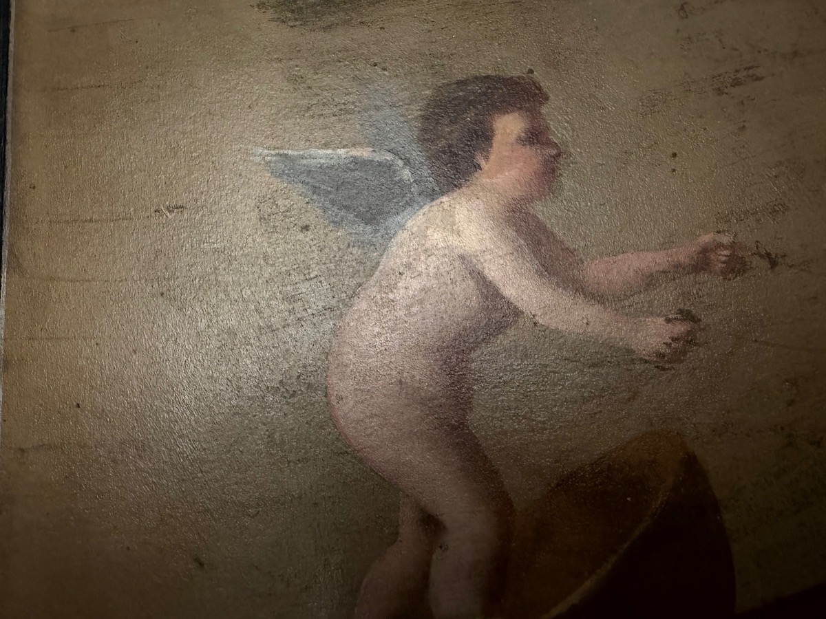 Oil On Cardboard, Depicting Three Cherubs At Play: One Riding A Small Chariot, The Other Two Pulling It. 1850.-photo-1