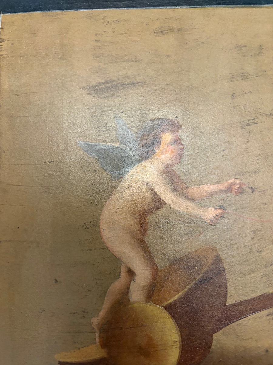 Oil On Cardboard, Depicting Three Cherubs At Play: One Riding A Small Chariot, The Other Two Pulling It. 1850.-photo-5