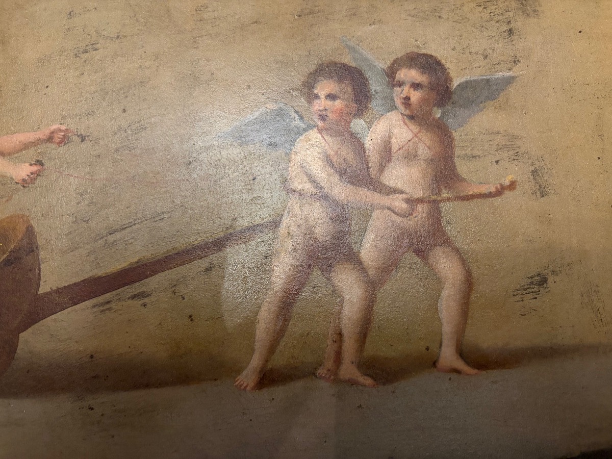 Oil On Cardboard, Depicting Three Cherubs At Play: One Riding A Small Chariot, The Other Two Pulling It. 1850.-photo-6