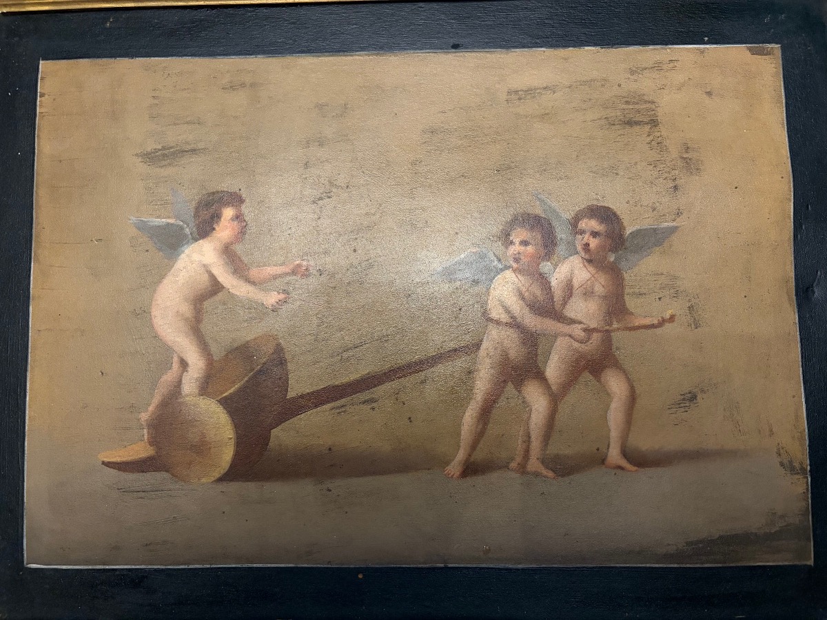 Oil On Cardboard, Depicting Three Cherubs At Play: One Riding A Small Chariot, The Other Two Pulling It. 1850.
