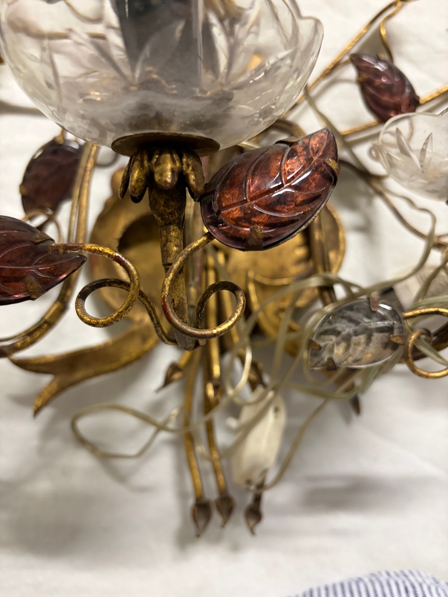 Wall Sconce By Baguès, Featuring Glass Flowers And Foliage. 6 Lights. 20th Century.-photo-2