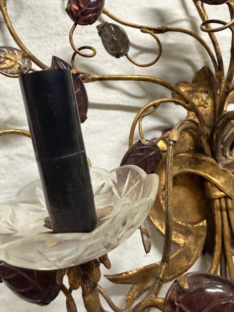Wall Sconce By Baguès, Featuring Glass Flowers And Foliage. 6 Lights. 20th Century.-photo-3