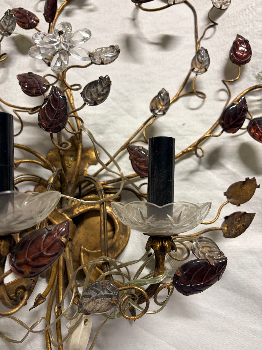 Wall Sconce By Baguès, Featuring Glass Flowers And Foliage. 6 Lights. 20th Century.-photo-4