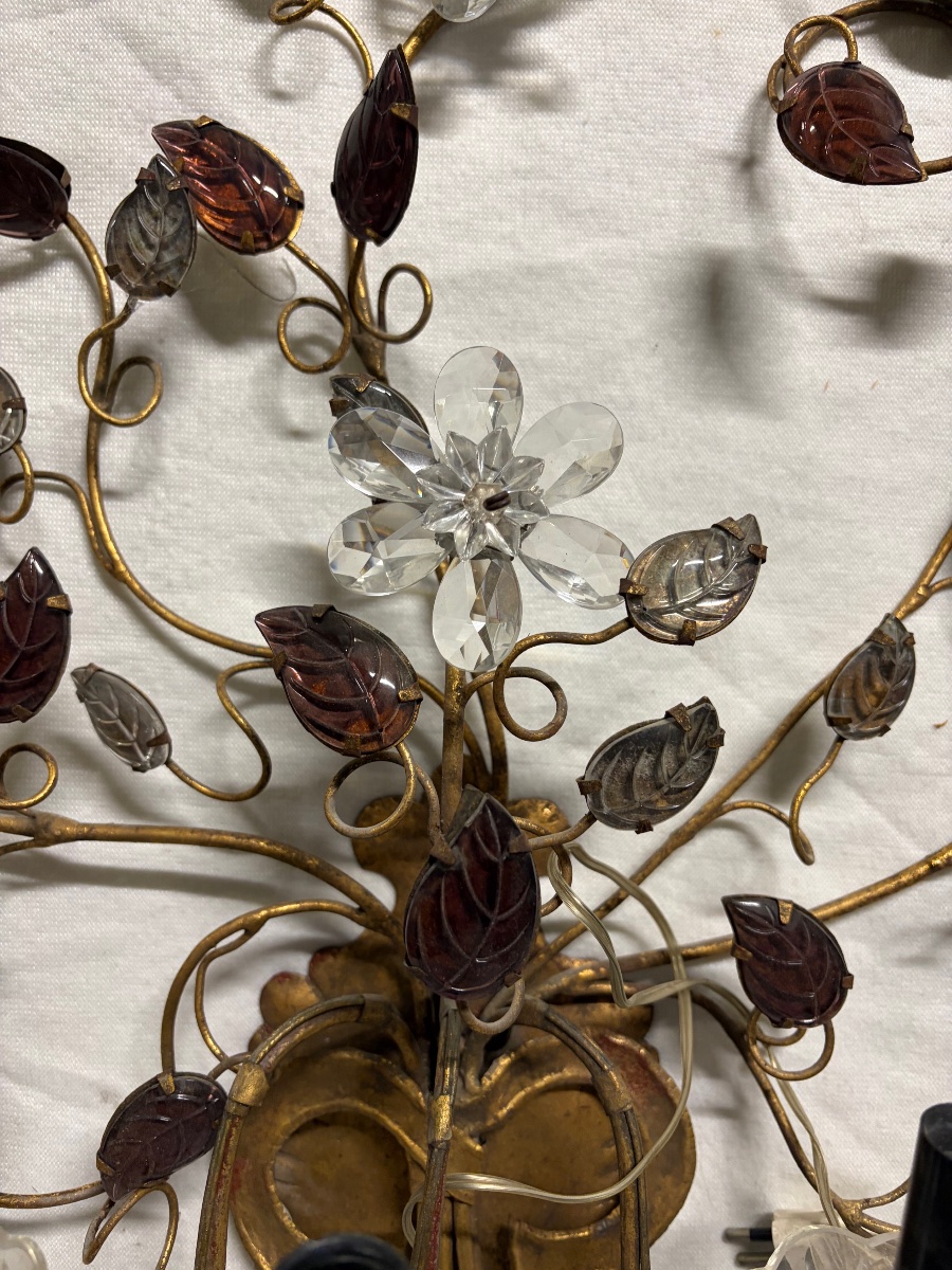 Wall Sconce By Baguès, Featuring Glass Flowers And Foliage. 6 Lights. 20th Century.-photo-2