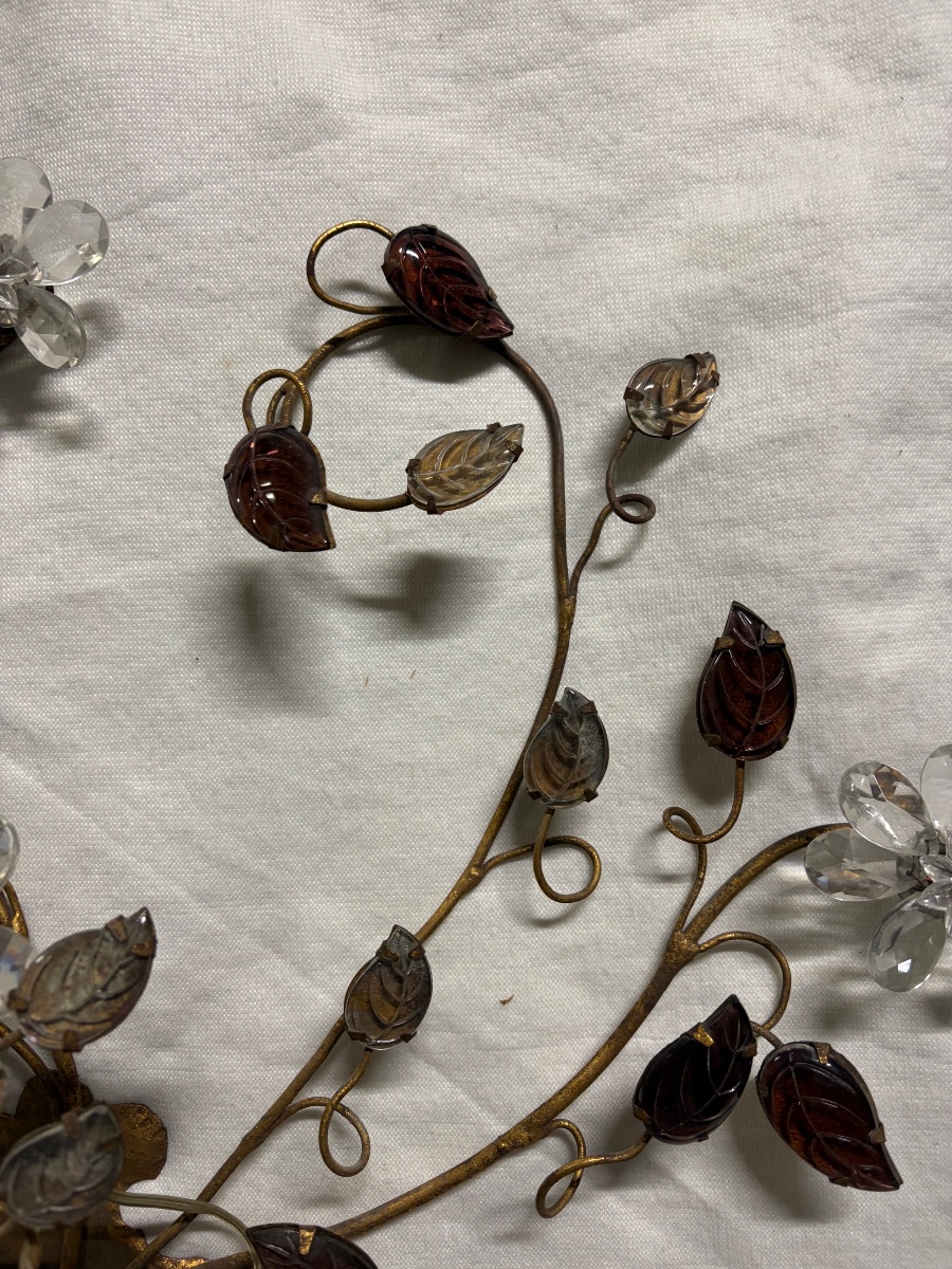 Wall Sconce By Baguès, Featuring Glass Flowers And Foliage. 6 Lights. 20th Century.-photo-4