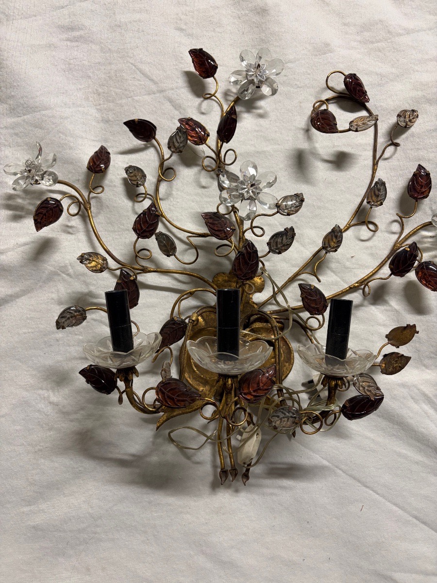 Wall Sconce By Baguès, Featuring Glass Flowers And Foliage. 6 Lights. 20th Century.