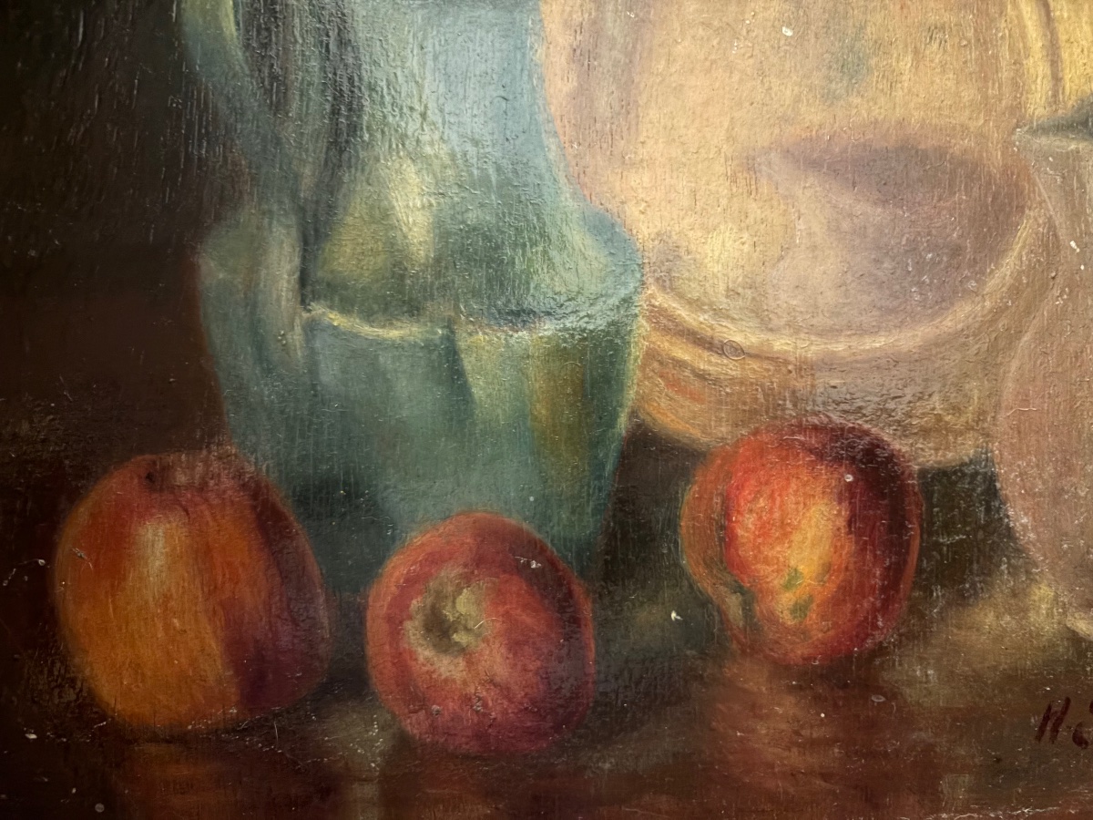 Huile sur panneau, nature morte au pichet vert et aux pommes. Début XX eme siecle-photo-2