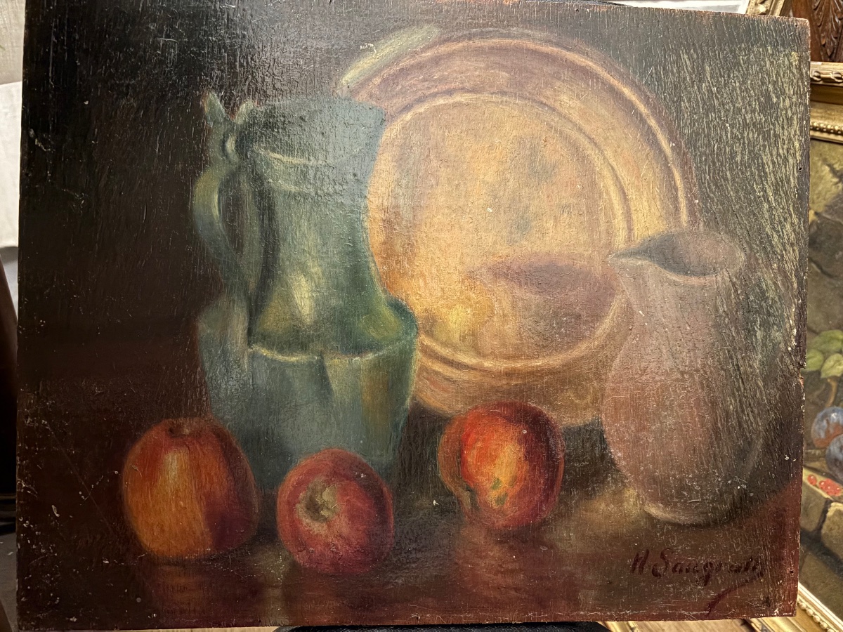 Huile sur panneau, nature morte au pichet vert et aux pommes. Début XX eme siecle-photo-3