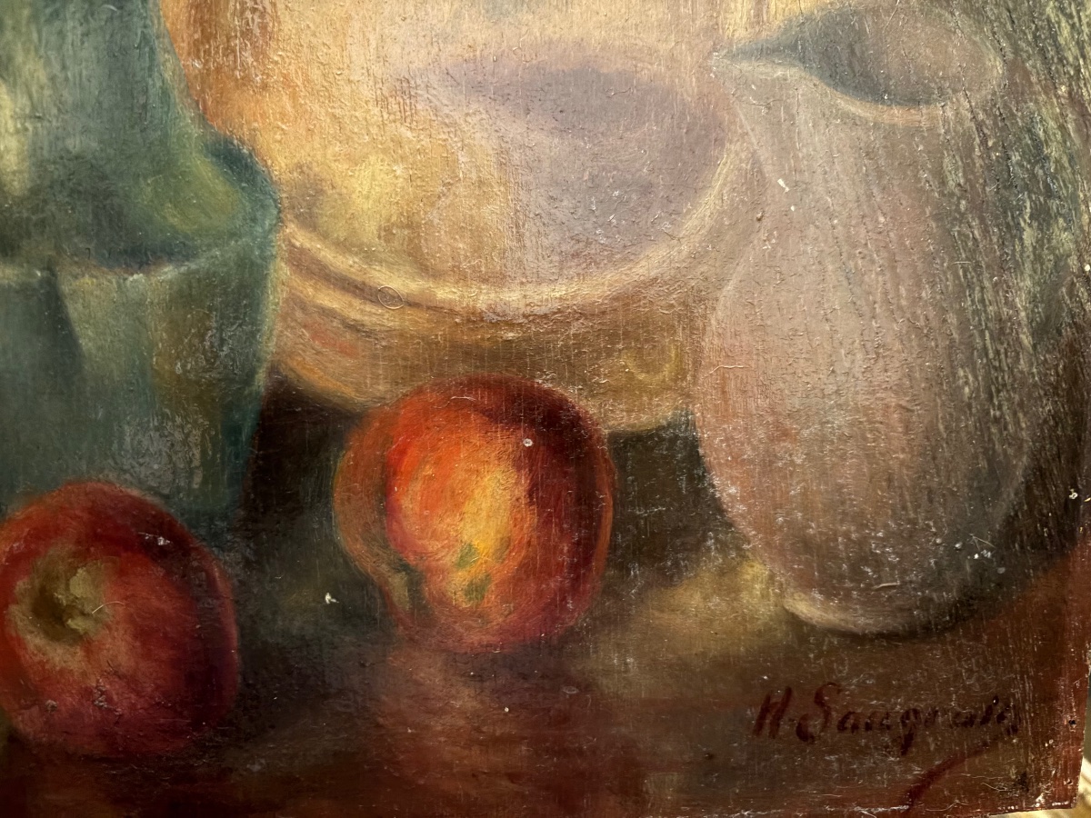 Huile sur panneau, nature morte au pichet vert et aux pommes. Début XX eme siecle-photo-4