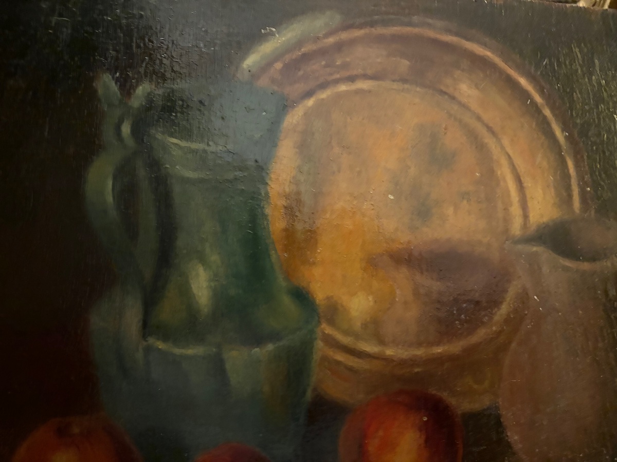 Huile sur panneau, nature morte au pichet vert et aux pommes. Début XX eme siecle-photo-1