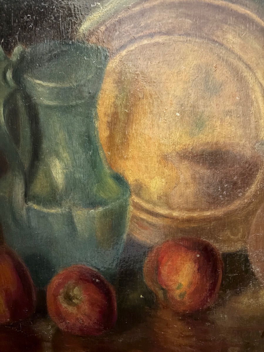 Huile sur panneau, nature morte au pichet vert et aux pommes. Début XX eme siecle-photo-3